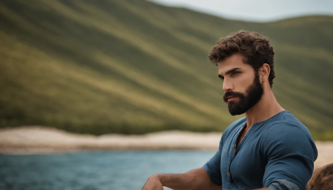 Araffe man with beard sitting on a rock near a body of water - SeaArt AI