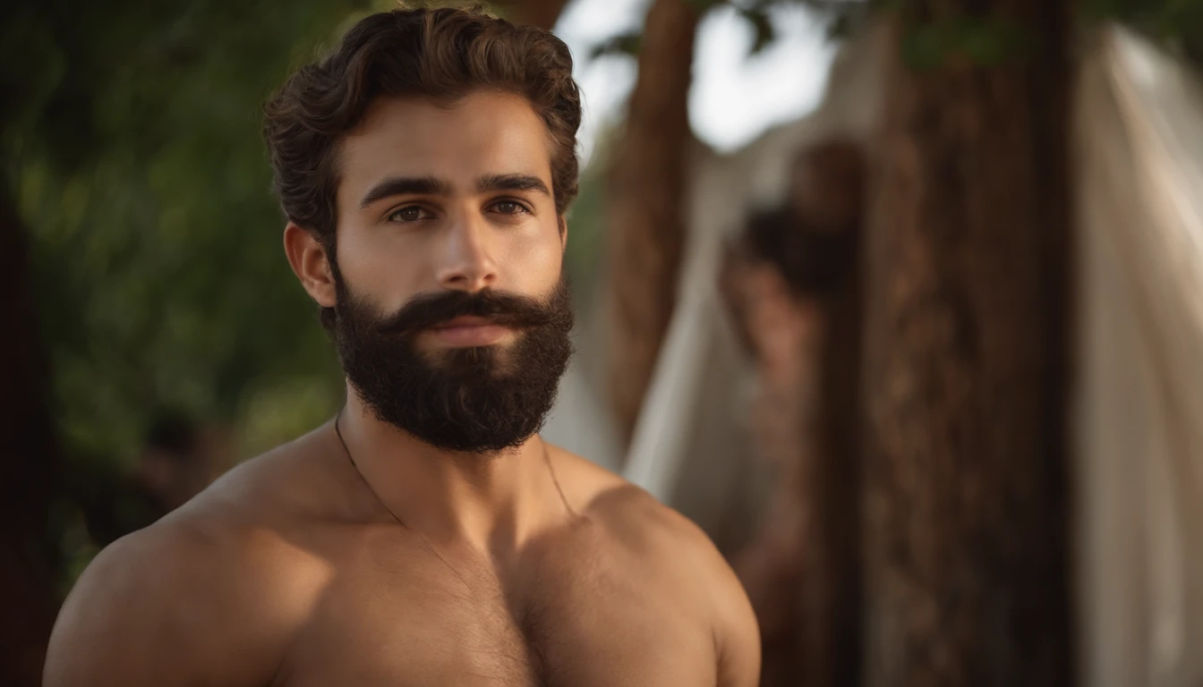 Un homme torse nu avec une barbe et sans chemise debout devant une femme -  SeaArt AI