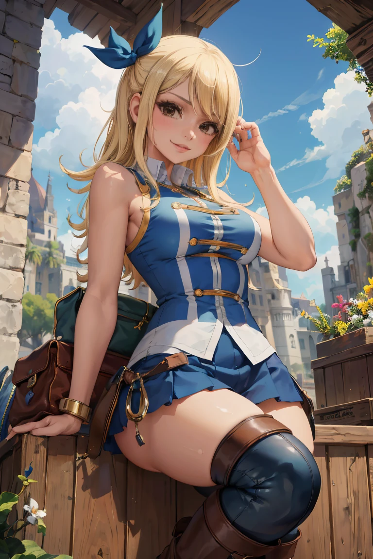 (masterpiece, The best quality:1.2), only, 1girl, Lucy Heartfilia, They are smiling, Finding the TA Viewer, hands on hips, blue sleeveless, mini skirt, thigh boots, beautiful
