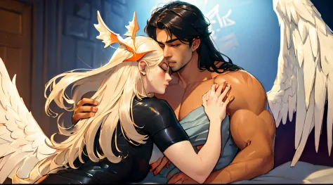 interracial couple, handsome man, black hair, angel wings, albino woman, orange eyes, demon horns), (best quality, ultra-detailed, realistic:1.37), portrait, vivid colors, soft lighting, naked, oil painting, delicate brushwork, emotional expressions, intim...