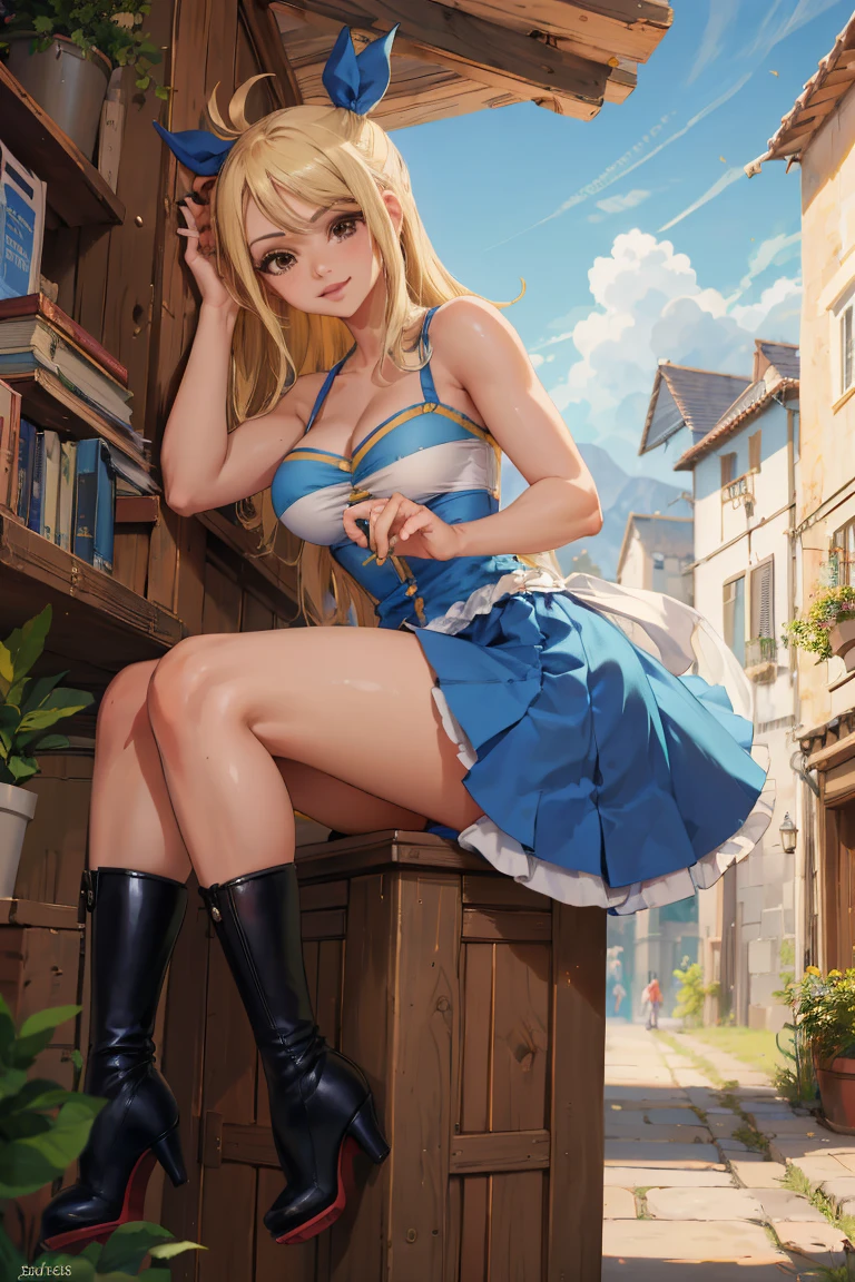 (masterpiece, The best quality:1.2), only, 1girl, Lucy Heartfilia, They are smiling, Finding the TA Viewer, hands on hips, blue sleeveless, mini skirt, thigh boots, beautiful