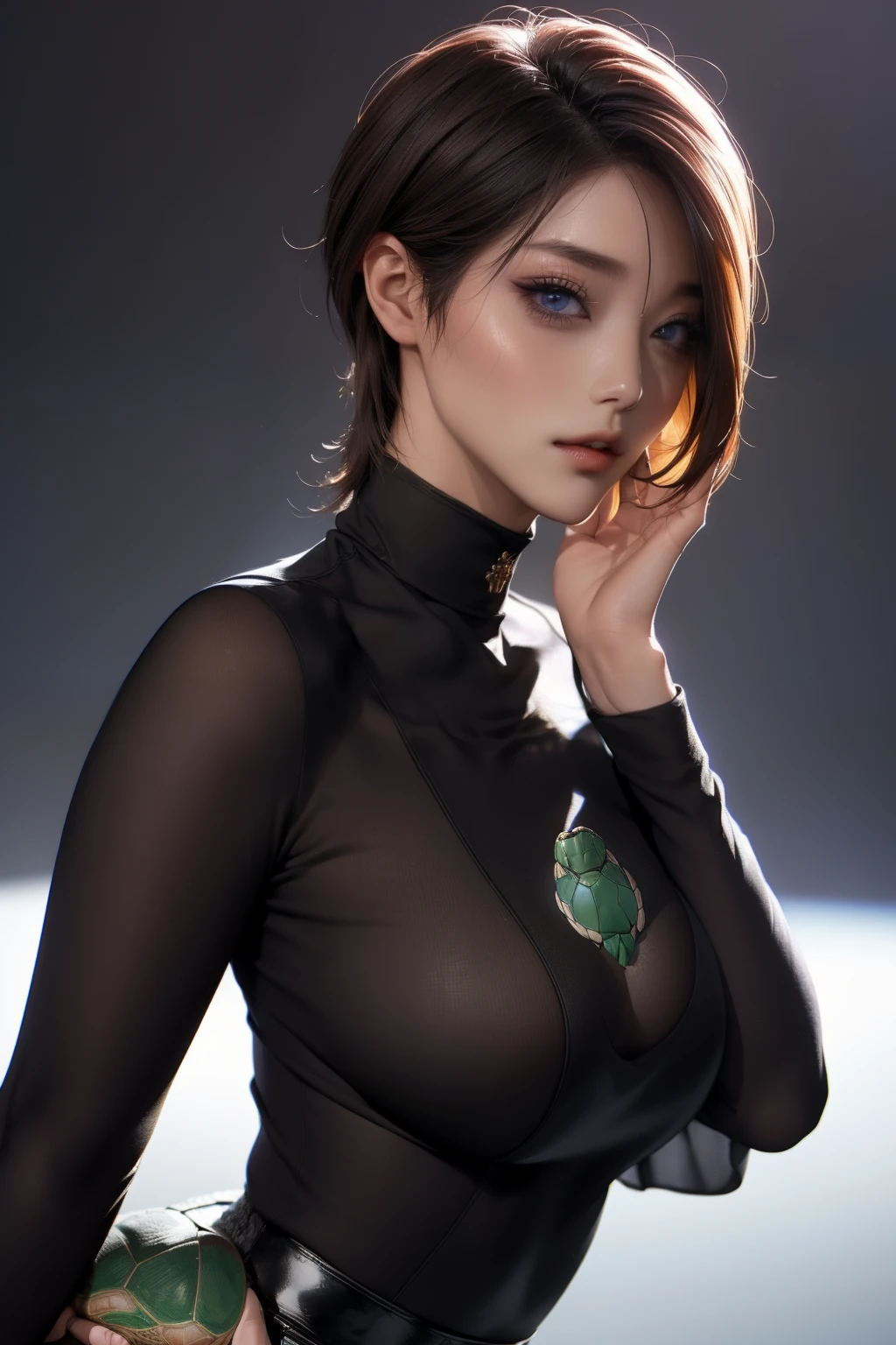K-pop idol in turtleneck sweater、
(((​masterpiece))), ((top-quality)), ((intricate detailes)), (((hyper realisitic)), Absurd resolution, A MILF, A MILF, Near and far law, ighly detailed, illustratio, 1girl, ((mideum breasts)), perfect hand, detailed finger, beatiful detailed eyes, shorth hair, brown-eyed,(turtle neck:1.2), tight skirts, Detailed background, a choker, perfect  eyes, mesmerizing eyes, Look at viewers, from the front side