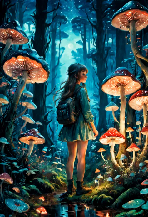 by Claude Monet, Bioluminescent Mushroom forest, night, 1girl, Enhance, intricate, (best quality, masterpiece, Representative wo...