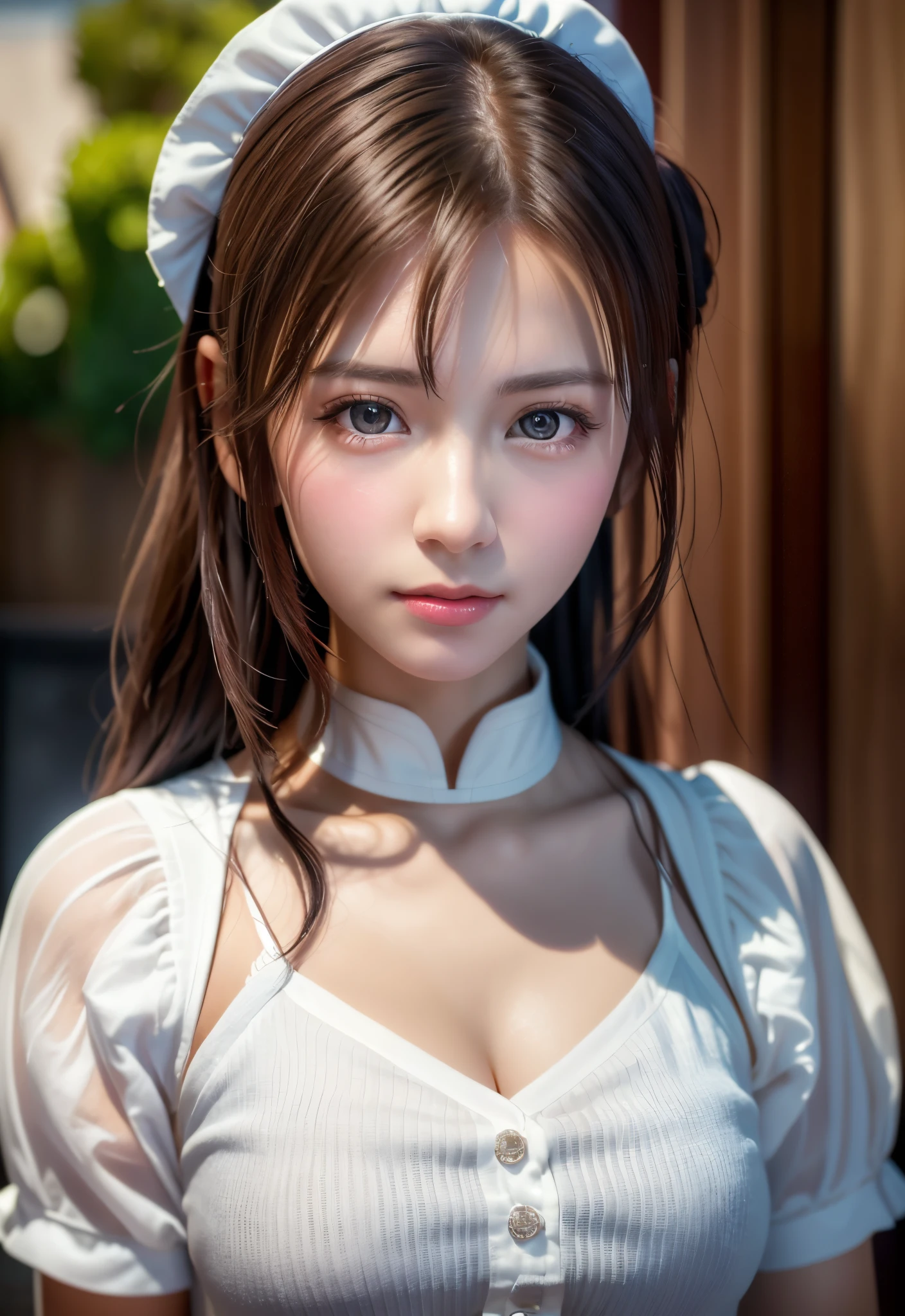 8K, of the highest quality, masutepiece:1.2), (Realistic, Photorealsitic:1.37), of the highest quality, masutepiece, Beautiful young woman, Pensive expression,、A charming、and an inviting look, Cute Maid Clothes, Hair tied back, Cinematic background, Light skin tone