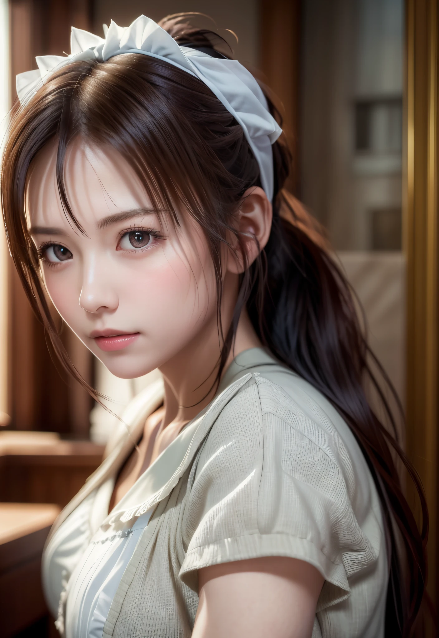 8K, of the highest quality, masutepiece:1.2), (Realistic, Photorealsitic:1.37), of the highest quality, masutepiece, Beautiful young woman, Pensive expression,、A charming、and an inviting look, Cute Maid Clothes, Hair tied back, Cinematic background, Light skin tone