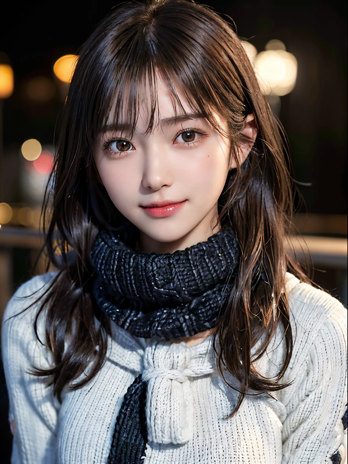 1 japanese girl,(Black sweater:1.4),(She wears a knitted snood around her neck to hide her chin.............:1.5), (Raw photo, Best Quality), (Realistic, Photorealsitic:1.4), masutepiece, extremely delicate and beautiful, Extremely detailed, 8k wallpaper, amazing, finely detail, extremely detailed CG Unity, hight resolution, Soft light, Beautiful detailed 19 year old, extremely detailed eye and face, beautiful detailed nose, Beautiful detailed eyes,Cinematic lighting,city light at night,Perfect Anatomy,Slender body,Smiling  (hair messy, asymmetrical bangs, light brown hair,)