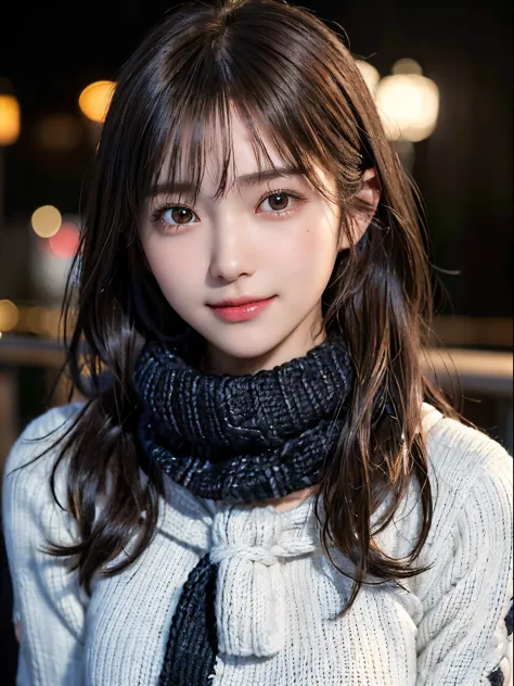 1 japanese girl,(black sweater:1.4),(she wears a knitted snood around her neck to hide her chin.............:1.5), (raw photo, b...