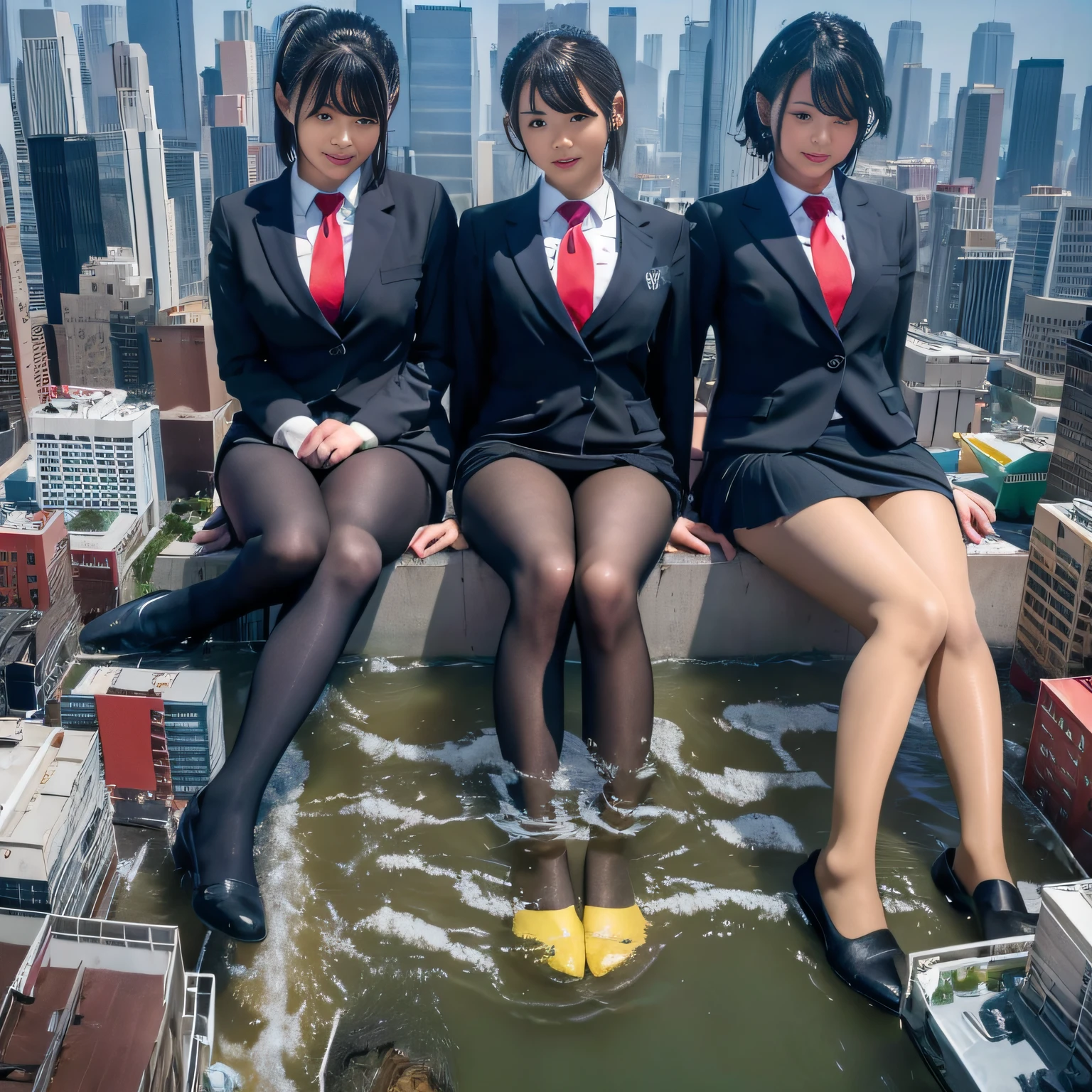 Multiple girls, giantess art, a hyperrealistic schoolgirl, , highly detailed giantess shot, der riese, Shorthair, Black pantyhose, Giant high school girl much bigger than a skyscraper。Wearing rimless glasses。Colossal 。Navy blue blazer、Red tie、Mini Length Skirt、Black pantyhose、I'm not wearing shoes.。very small metropolis。miniature metropolis。In a miniature metropolis just a few feet tall.、squatting and urinating。Urine that comes out forcefully。torrent of urine。The city sinks into a sea of urine。Small trains and cars are washed away with urine.。Full body depiction。nffsw, der riese, Black pantyhose, Pantyhose legs, Pantyhose feet, ,Stomping City,crash city,Small town,micro city, Peeing,