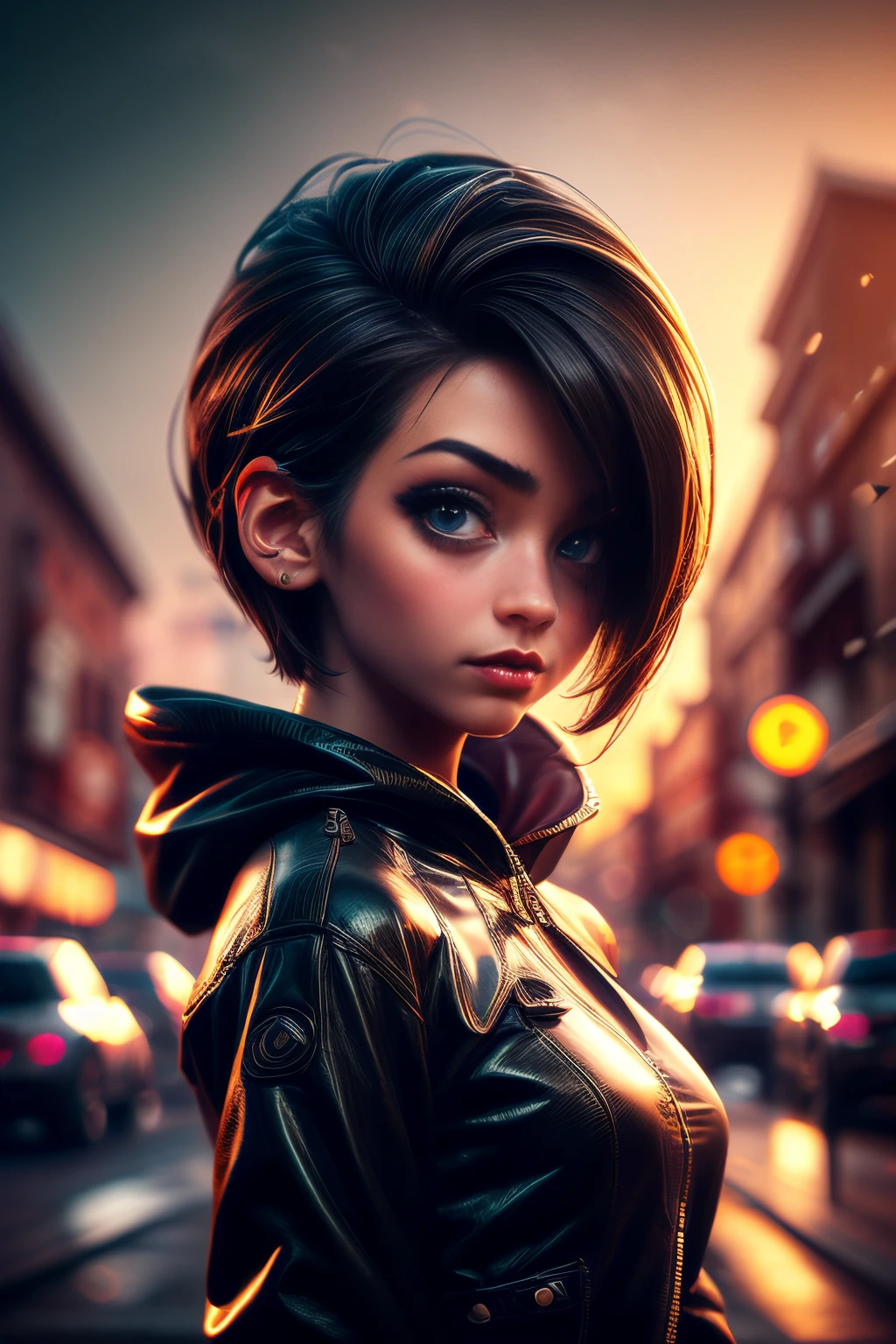 A single beautiful girl with a black cloak, face portrait, empty street . Her hair is dark brown and cut into a short, messy pixie cut. She has large entirely-black eyes!!!. She's wearing a futuristic gothic jacket, (((face portrait)))