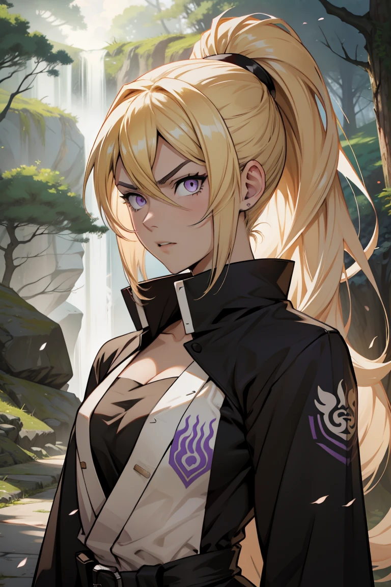 créez pour moi s&#39;il vous plaît un style d&#39;illustration d&#39;anime résolution HD 8k un personnage protagoniste japonais inspiré du style artistique de Naruto. c&#39;est une femme qui a des cheveux longs blonds en queue de cheval haute, elle a du violet, des yeux féroces et intenses et une expression confiante sur son visage. elle porte une robe mi-longue noire, avec un pelage violet à l&#39;intérieur et blanc à l&#39;extérieur, elle pose héroïquement dans une forêt verte avec d&#39;immenses arbres