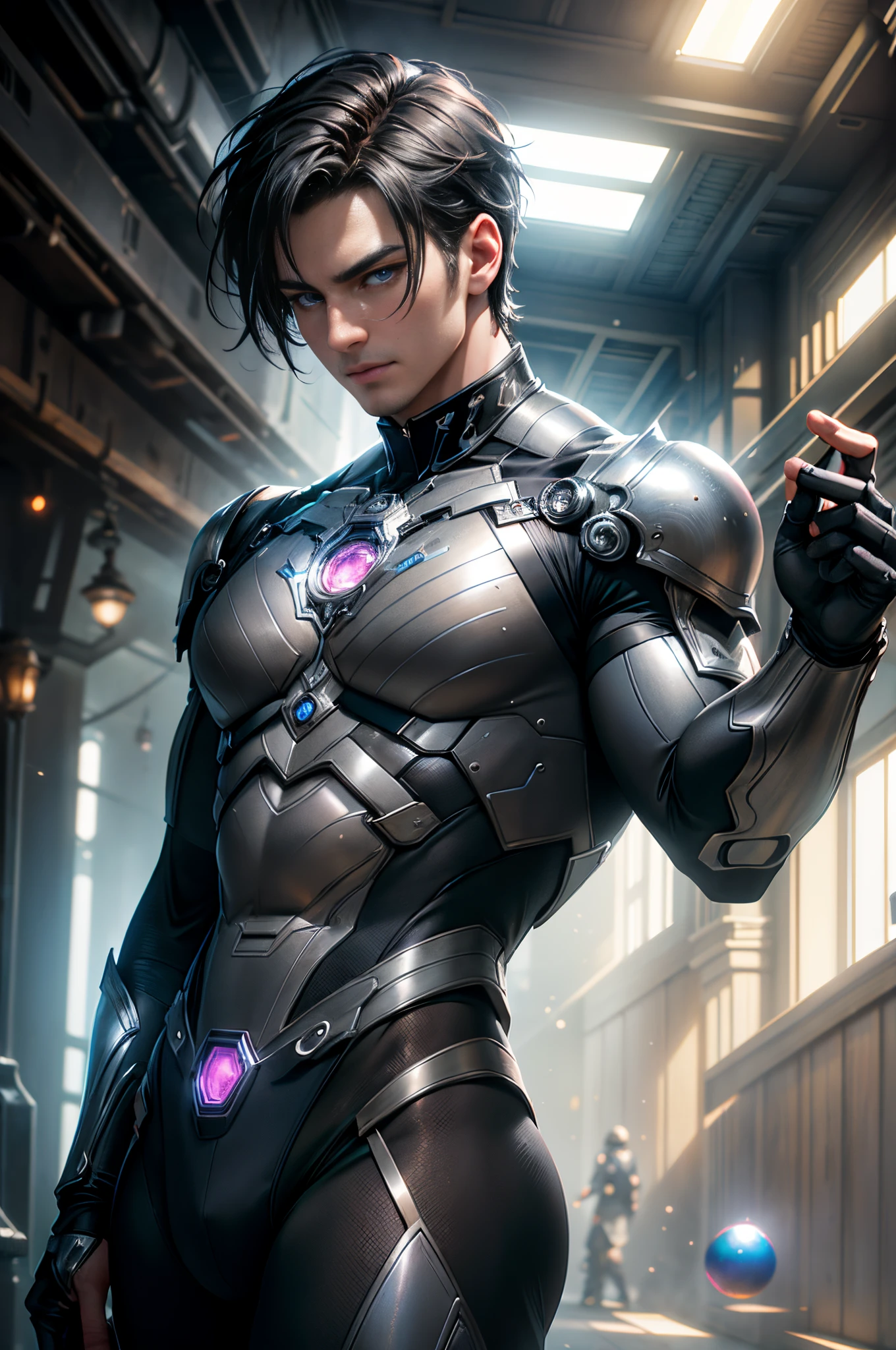 super-hero, ((male)), 25-year old man, short black hair, blue eyes, (black and pink costume), levitating metal spheres, photorealistic, particle effects, raytracing, depth of field, ((2 steel discs on chest)), futuristic setting, bokeh, raytracing, realistic textured skin, particle effects, depth of field, beautiful figure painting, bright light, amazing composition, HDR, volumetric lighting, ultra quality, elegant, highly detailed, masterpiece, best quality, high resolution,