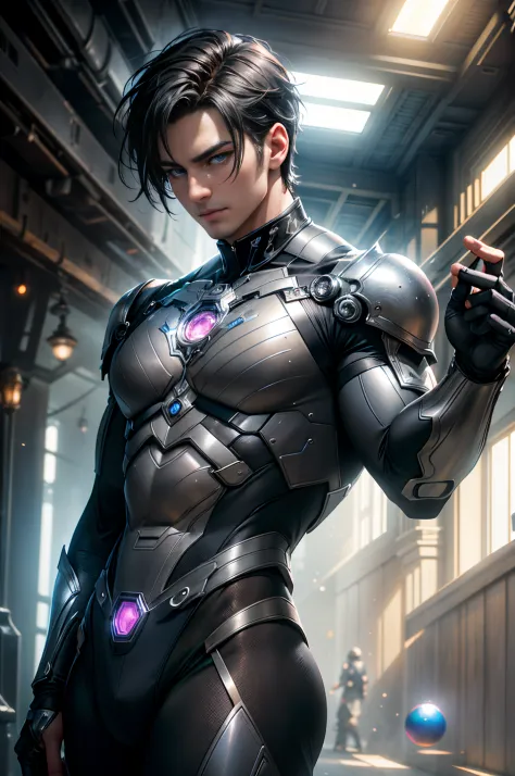 super-hero, ((male)), 25-year old man, short black hair, blue eyes, (black and pink costume), levitating metal spheres, photorea...