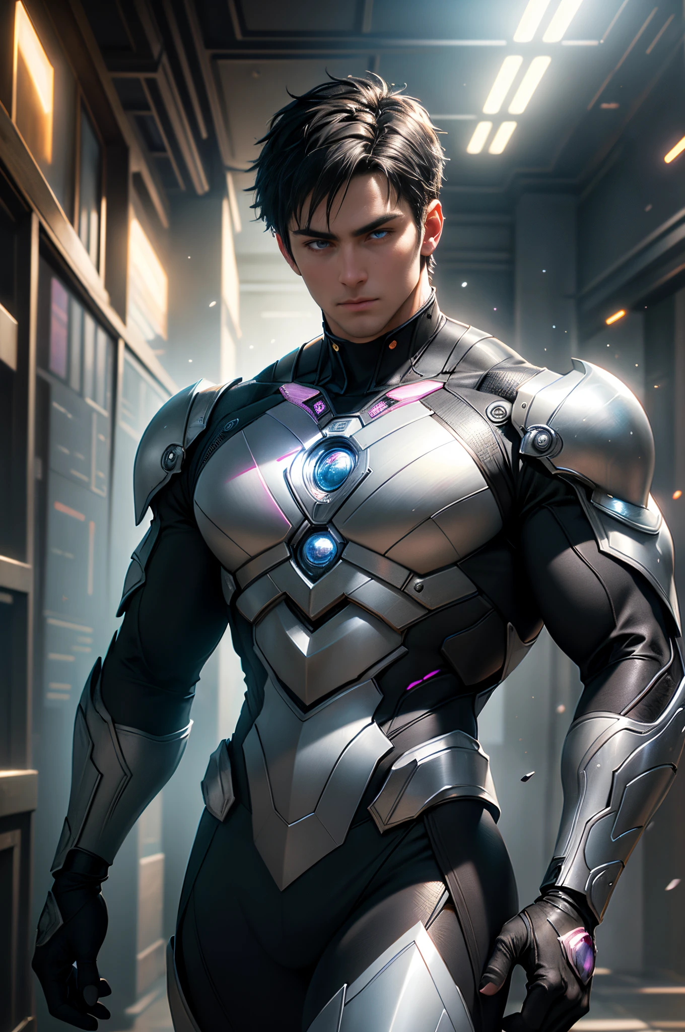 super-hero, ((male)), 25-year old man, short black hair, blue eyes, (black and pink costume), levitating metal spheres, photorealistic, particle effects, raytracing, depth of field, ((2 steel discs on chest)), futuristic setting, bokeh, raytracing, realistic textured skin, particle effects, depth of field, beautiful figure painting, bright light, amazing composition, HDR, volumetric lighting, ultra quality, elegant, highly detailed, masterpiece, best quality, high resolution,