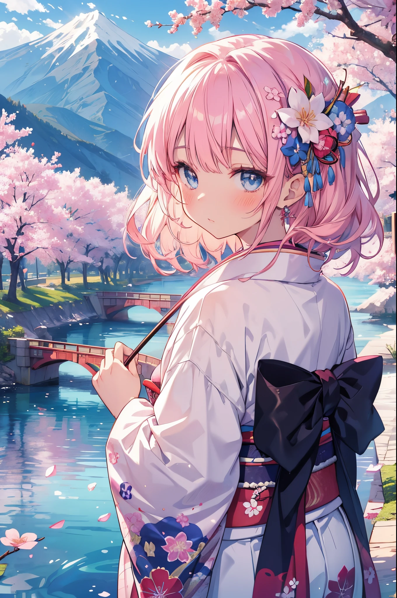 an anime girl in white contenção pink flors by a river with montanhas in the background, 1 garota, ao ar livre, roupas japonesas, Sozinho, flores de cerejeira, quimono, cabelo rosa, olhando para o espectador, montanha, corar, olhos azuis, flor, ponte, hair ornament, contenção flor, contenção, franja, faixa, dia, árvore, coração