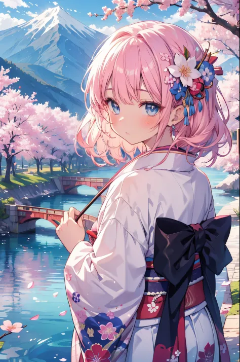 an anime girl in white holding pink flowers by a river with mountains in the background, 1girl, outdoors, japanese clothes, solo...