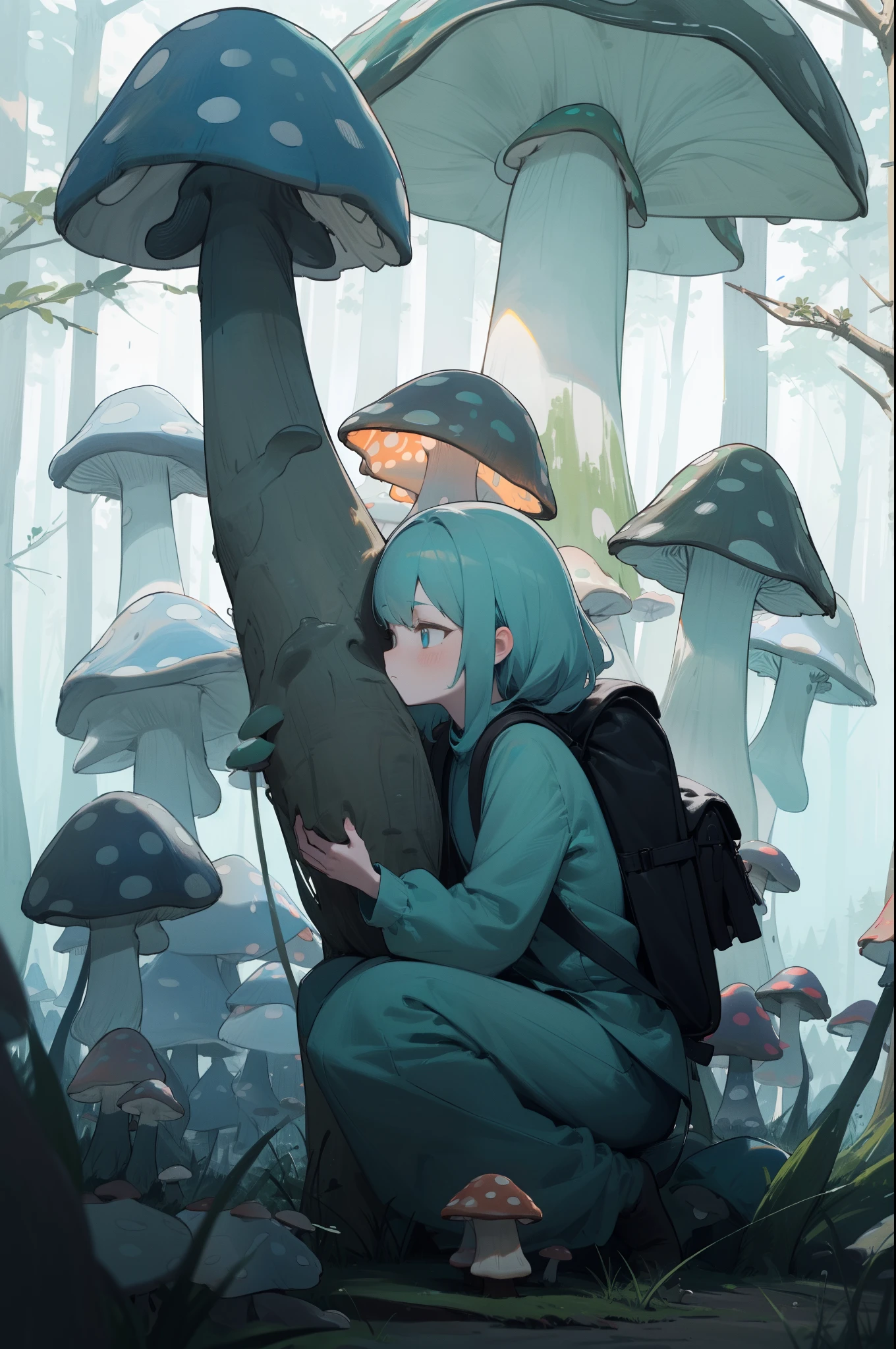 (outdoor, forest, mystical, bioluminescent mushroom:1.3), 1girls, backpack, Crouching, side view, (bored, no expression), masterpiece, best quality, 8k, perfect anatomy