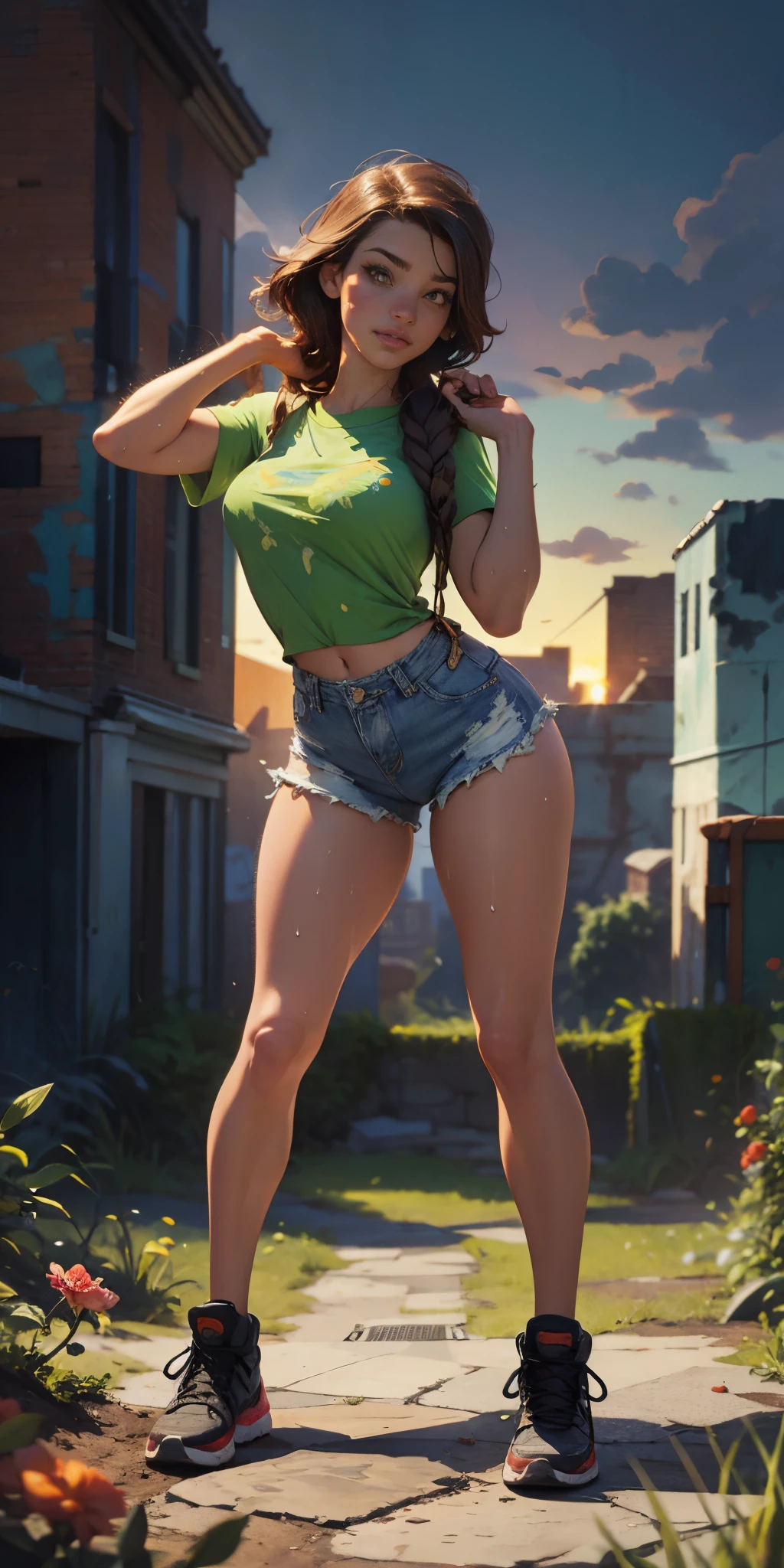 2076 year. n.UH. The Urban Ruins of the Wasteland, Female huntress picking fruit in the garden, pretty  face, Ragged shirt and denim shorts ,  legs long, Sweat through, sun rising, Nice warm colors, Full body photo from head to toe