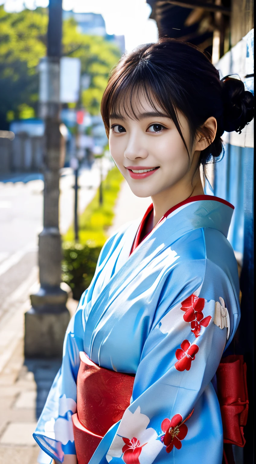 (Light blue and red kimono:1.2)、(Kyo-Yuzen:1.2)、(with floral pattern)、(long-sleeve)、(Furisode:1.2)、1人の女性、sixteen years old、full body Esbian、A dark-haired、(reallistic:1.7)、((Top image quality))、absurderes、(超A high resolution)、(Photorealsitic:1.6)、Photorealsitic、octane renderings、(hyper realisitic:1.2)、(photorealiscic face:1.2)、(8K)、(4K)、(​masterpiece)、(realistic skin textures)、(illustratio、Cinematographic lighting、wall-paper)、(beautidful eyes:1.2)、((((face perfect))))、(Cute face like an idol:1.2)、(is standing)、red-lips、outside of house、(1 moon)、(initial)、Detailed cute face、Realistic Beauty、A smile、