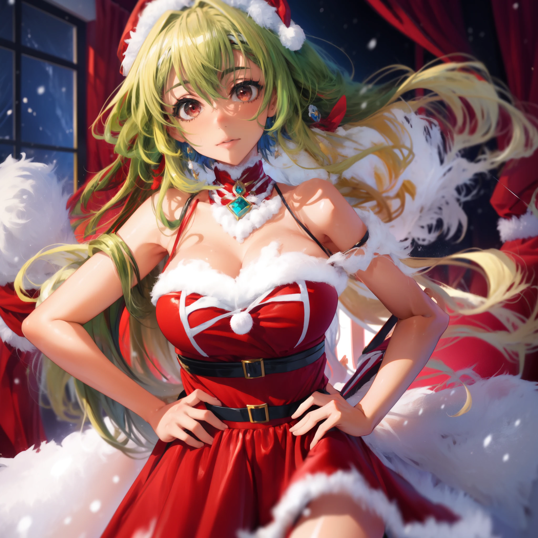 Yami the Golden Darkness usando vestido de natal SFW com adornos vermelhos e verdes, mãos nos quadris,1 garota, cabelo amarelo longo bagunçado, lindos olhos vermelhos, beleza incrível e presença incrível, pose dinâmica, rosto delicado, lindos olhos vermelhos, expressão facial confiante, Alto detalhe de 8k, Muito detalhado, Anatomicamente correto, pintura digital, arte conceitual, Estilo de arte Shinkai Makoto, Imagem clara, Vila nevada, retrato de corpo inteiro, desenho super fino, melhor qualidade, 8K super alta resolução, Obra-prima de anime 2D