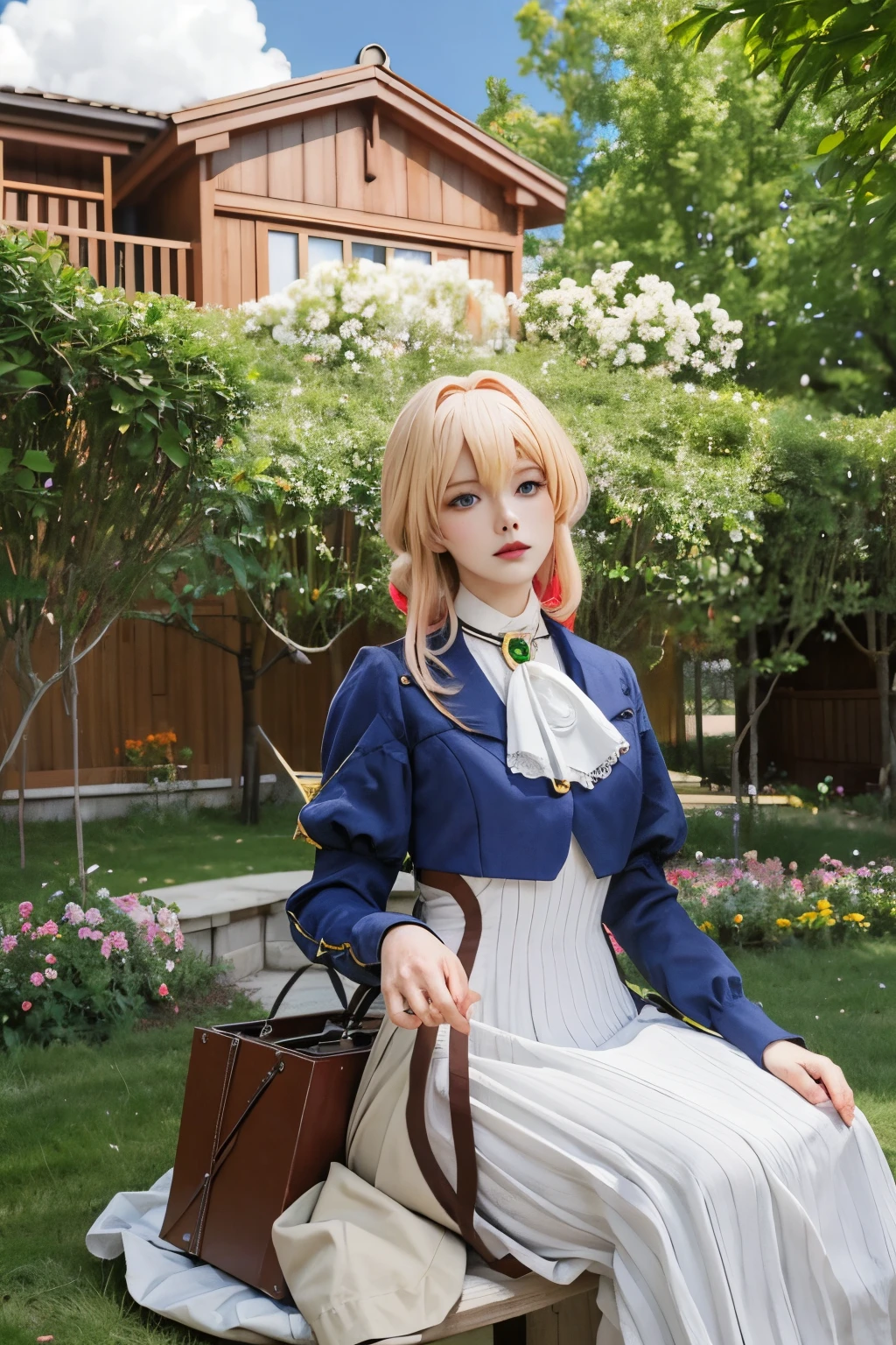 Anime cosplay of a woman sitting on a bench with a purse - SeaArt AI