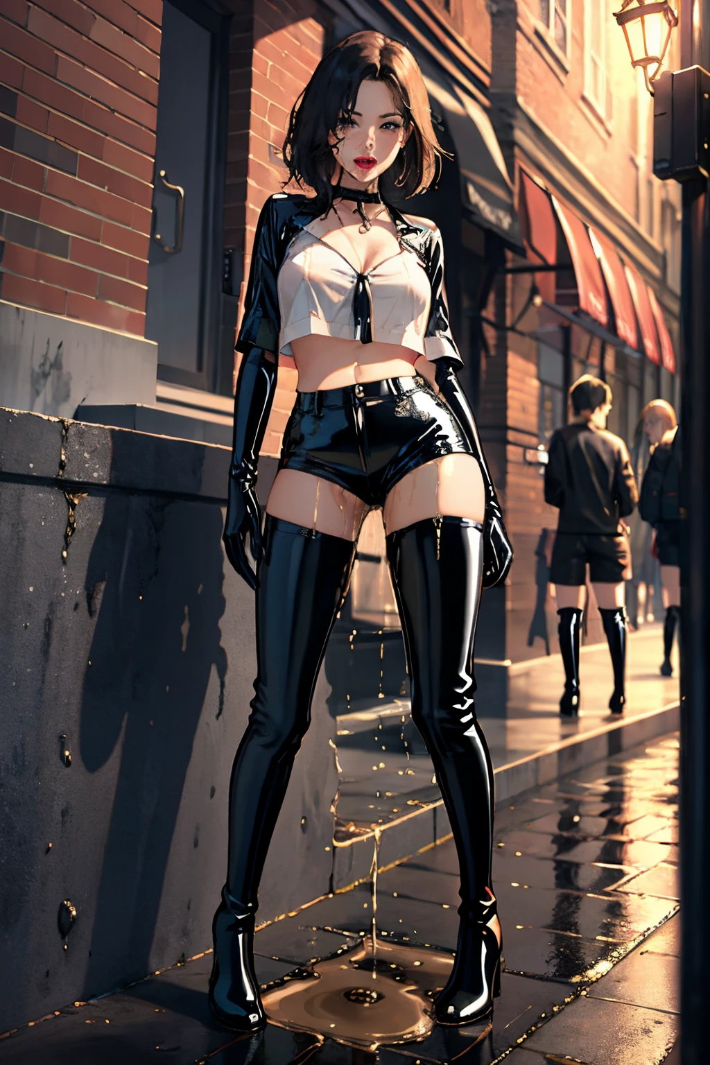 highres, beautiful women, high detail, good lighting, lewd, hentai, (((black latex shorts))), (((black latex thigh high boots))), black latex top, bare midriff, (bare thighs), (black latex gloves), leather choker, wet shorts, (((wetting herself))), (peeing herself), peeing stain, (puddle), (thick thighs), nice long legs, lipstick, detailed face, pretty face, seductive face, sexually aroused, sexually excited, (full body shot), ((in public city sidewalk))