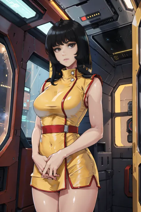 8k,(masterpiece:1.4)(best quality:1.4),(top quality), 1girl,fayuiry,black hair, black eyes, yellow dress,  uniform, inside space...