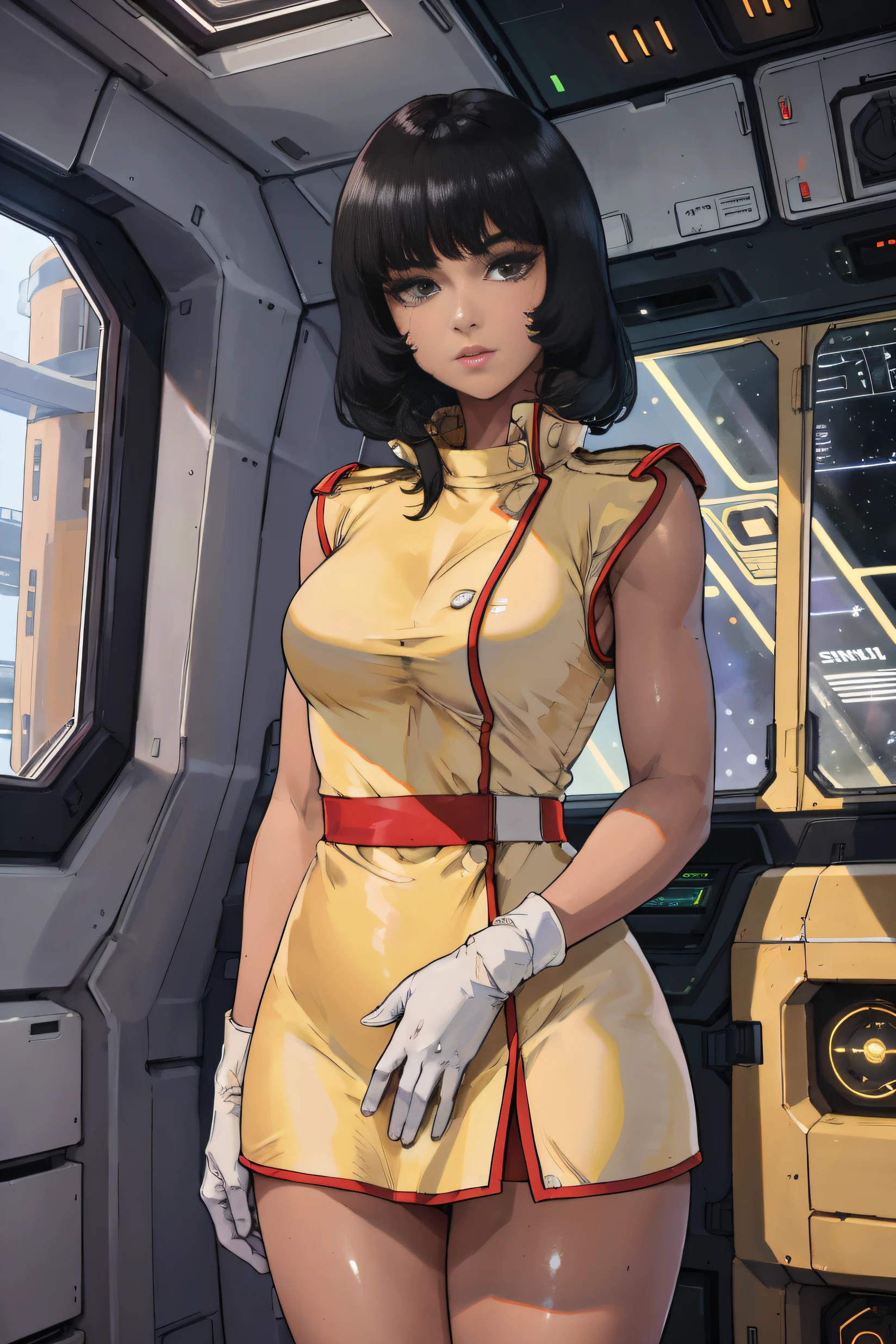 8k,(masterpiece:1.4)(best quality:1.4),(top quality), 1girl,fayuiry,black hair, black eyes, yellow dress,  uniform, inside spaceship, galaxy, window ,indoors,  standing,  looking at viewer,  solo focus,(shiny skin),steaming body ,