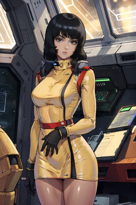 8k,(masterpiece:1.4)(best quality:1.4),(top quality), 1girl,fayuiry,black hair, black eyes, yellow dress,  uniform, inside space...