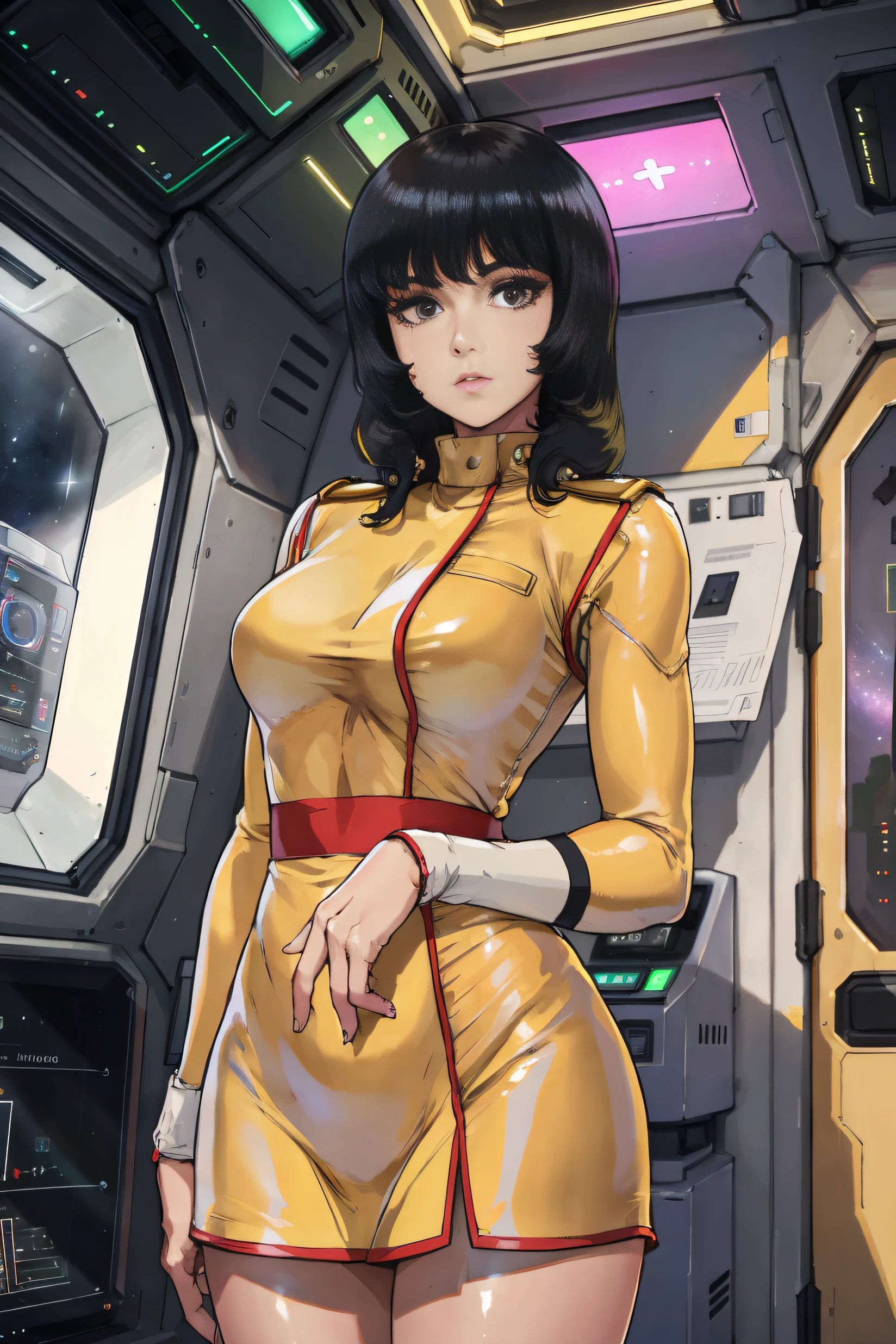 8k,(masterpiece:1.4)(best quality:1.4),(top quality), 1girl,fayuiry,black hair, black eyes, yellow dress,  uniform, inside spaceship, galaxy, window ,indoors,  standing,  looking at viewer,  solo focus,(shiny skin),steaming body ,