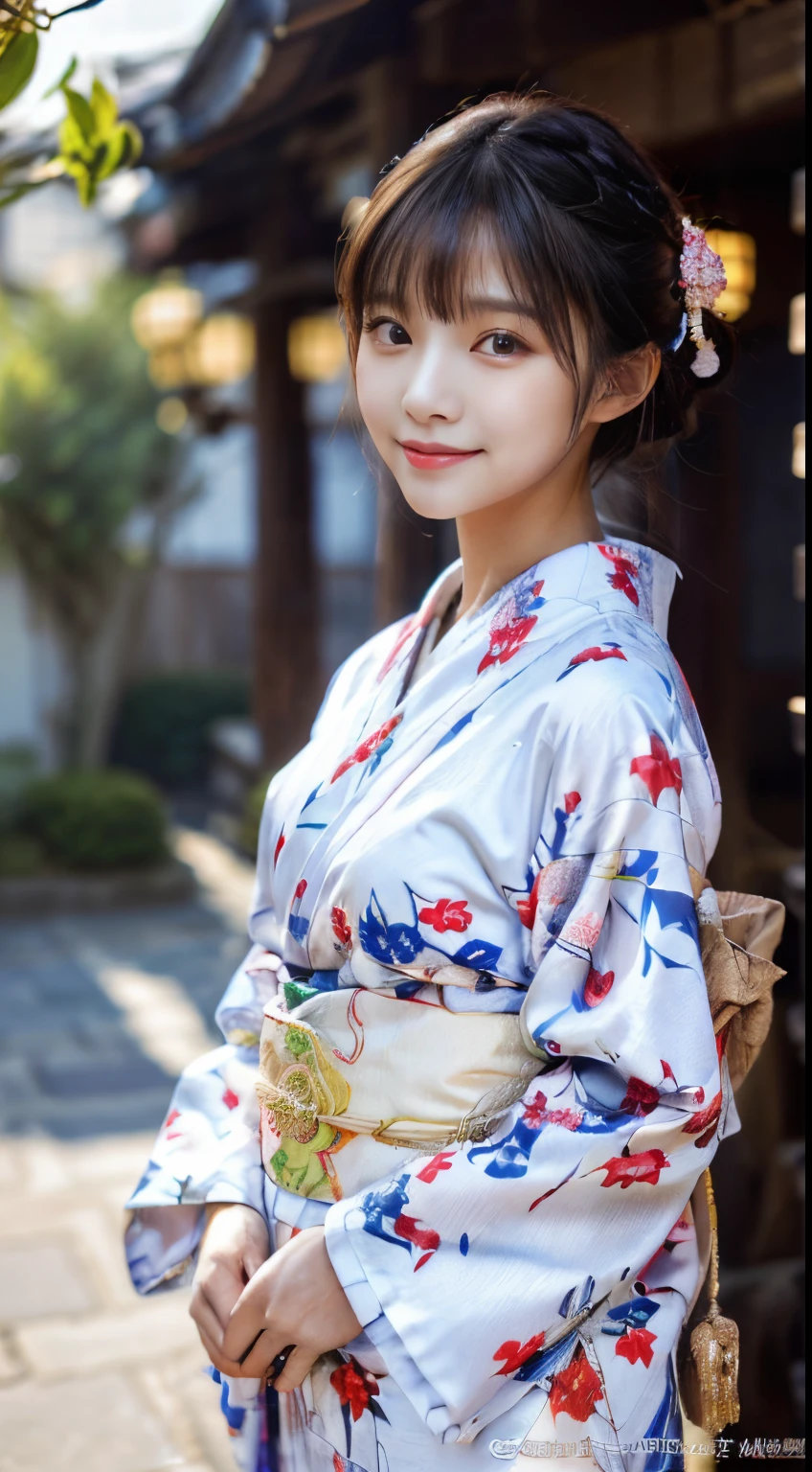 A close up of a woman in a kimono standing in front of a building ...