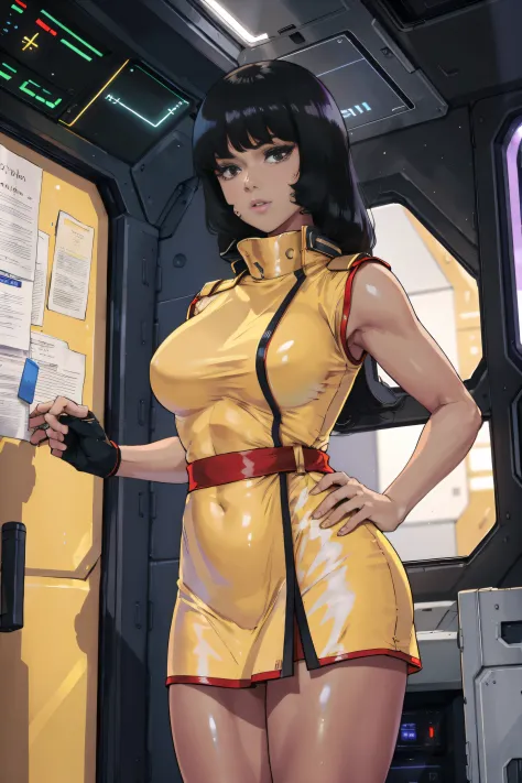 8k,(masterpiece:1.4)(best quality:1.4),(top quality), 1girl,fayuiry,black hair, black eyes, yellow dress,  uniform, inside space...