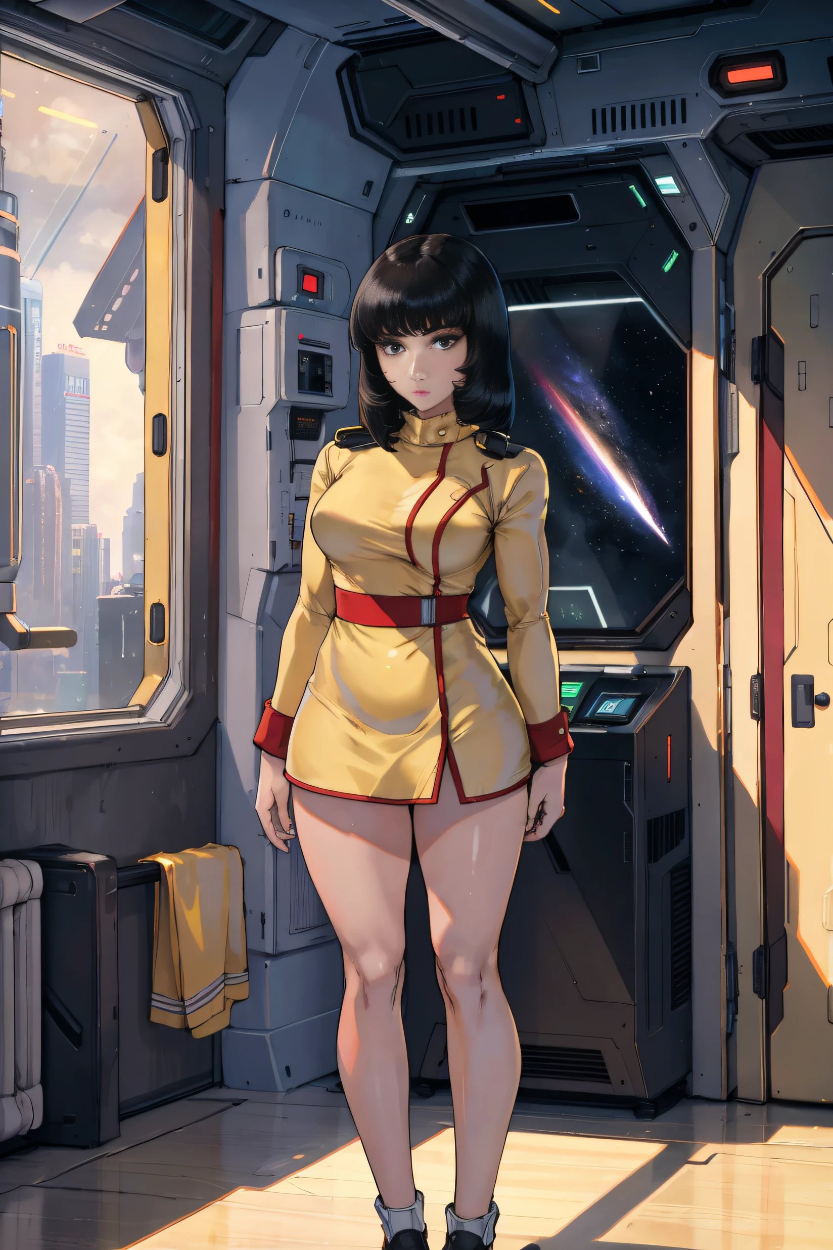 8k,(masterpiece:1.4)(best quality:1.4),(top quality), 1girl,fayuiry,black hair, black eyes, yellow dress,  uniform, inside spaceship, galaxy, window ,indoors,  standing,  looking at viewer,  solo focus,(shiny skin),steaming body ,full bodyshot