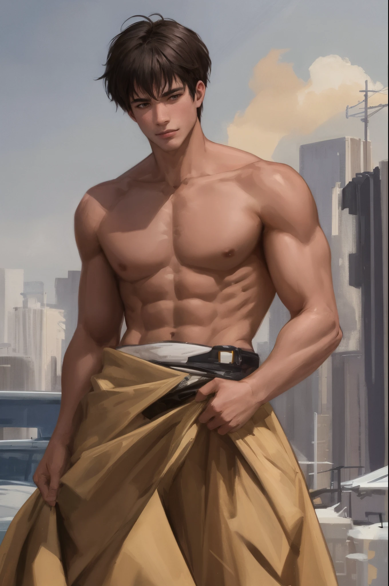 A close up of a man in a skirt with a city in the background - SeaArt AI