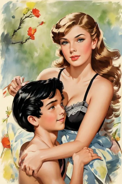 mom and son couple  hugging, long hair tall busty gil elvgren teacher  with young boy 9 years old  kissing  painting depicting w...