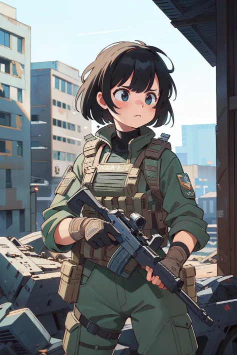 (best quality,highres),1girl,black hair,tactical vest,combat military,abandoned city,ultra-detailed,stark lighting,vivid colors,...