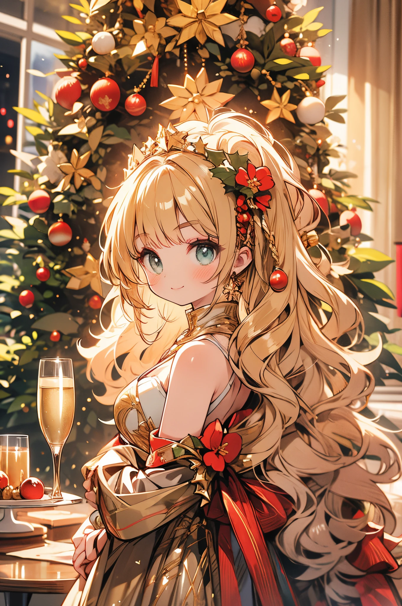 Christmas tree,Waist-length fluffy hair,Delicate Makeup,Too eyebrows,champagne gold dress,A slight smil