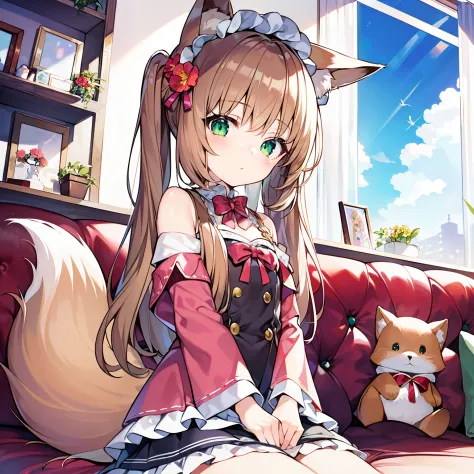 (tmasterpiece, Best quality, A high resolution), 1 girl, Alone, Oversized fox tail，Green-eyed，(Long brown hair with double ponyt...