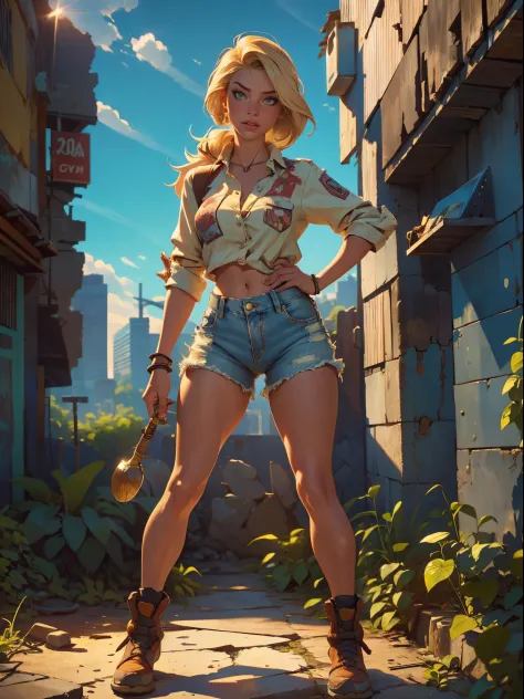 2076 year. the urban ruins of the wasteland, female huntress picking fruit in the garden, beautiful face, blonde, badly torn shi...