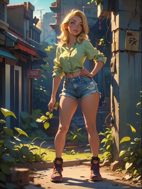 2076 year. the urban ruins of the wasteland, female huntress picking fruit in the garden, beautiful face, blonde, badly torn shi...