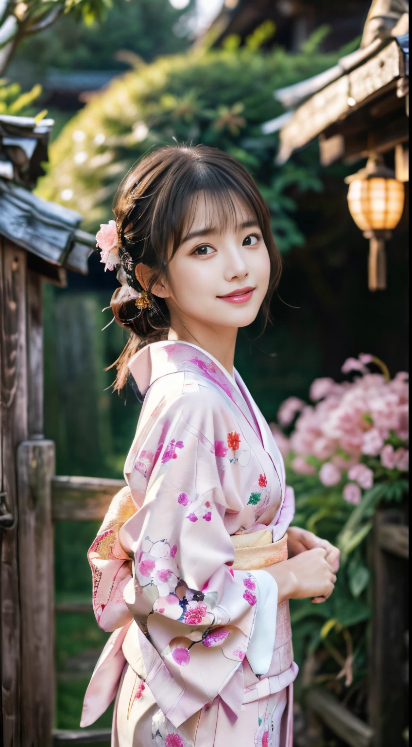 (Pink kimono:1.2)、(Kyo-Yuzen:1.2)、(Floral pattern in Japanese style:1.0)、(Furisode:1.5)、(Japanese traditional classic pattern:1.2)、tabi、(top grade)、1人の女性、sixteen years old、full body Esbian、A dark-haired、(reallistic:1.7)、((Top image quality))、absurderes、(超A high resolution)、(Photorealsitic:1.6)、Photorealsitic、octane renderings、(hyper realisitic:1.2)、(photorealiscic face:1.2)、(8K)、(4K)、(​masterpiece)、(realistic skin textures)、(illustratio、Cinematographic lighting、wall-paper)、(beautidful eyes:1.2)、((((face perfect))))、(Cute face like an idol:1.2)、(is standing)、red-lips、outside of house、shrines、torii gate、(1 moon)、Detailed cute face、Realistic Beauty、A smile、