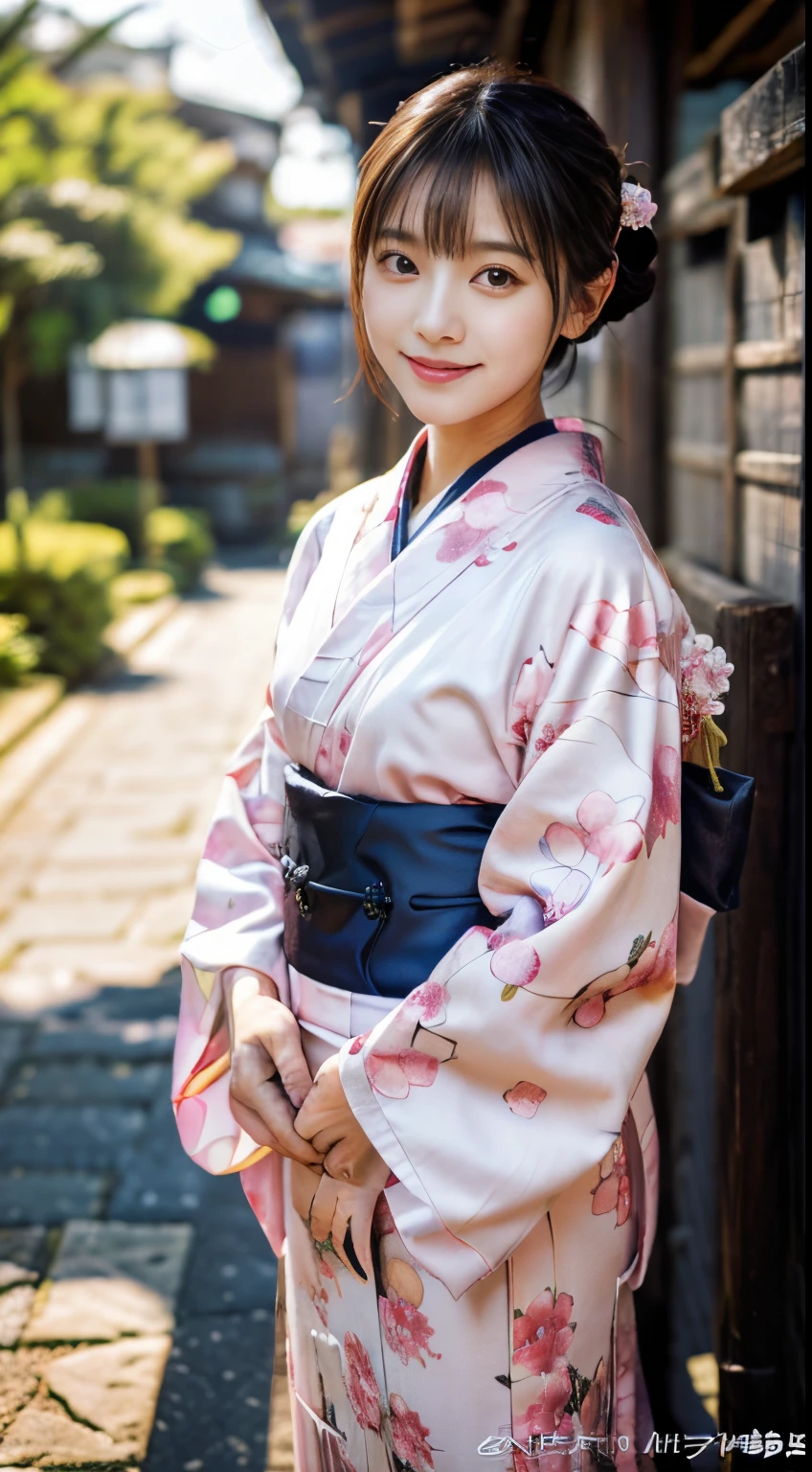 (Pink kimono:1.2)、(Kyo-Yuzen:1.2)、(Floral pattern in Japanese style:1.0)、(furisode:1.5)、(Japanese traditional classic pattern:1.2)、or、(top grade)、One woman、sixteen years old、full body Esbian、A darK-haired、(reallistic:1.7)、((Top image quality))、absurderes、(超A high resolution)、(Photorealsitic:1.6)、Photorealsitic、octane renderings、(hyper realisitic:1.2)、(photorealiscic face:1.2)、(8k)、(4K)、(​masterpiece)、(realistic skin textures)、(illustratio、Cinematographic lighting、wall-paper)、(beautidful eyes:1.2)、((((face perfect))))、(Cute face like an idol:1.2)、(is standing)、red-lips、outside of house、shrines、tori ready、(1 moon)、Detailed cute face、Realistic Beauty、A smile、