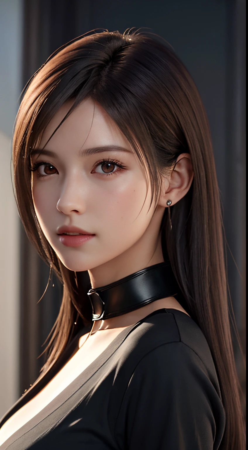 Photorealistic, masutepiece, Best Quality, Raw photo, 1girl in, Solo, Long hair, Brown hair, Detailed face, alluring face, Black shirt with collar, medium breasts, Dynamic Pose, Looking at Viewer, From below, Detailed background, fine detailed, intricate detailes,  Ray tracing, depth of fields, lowkey, nffsw