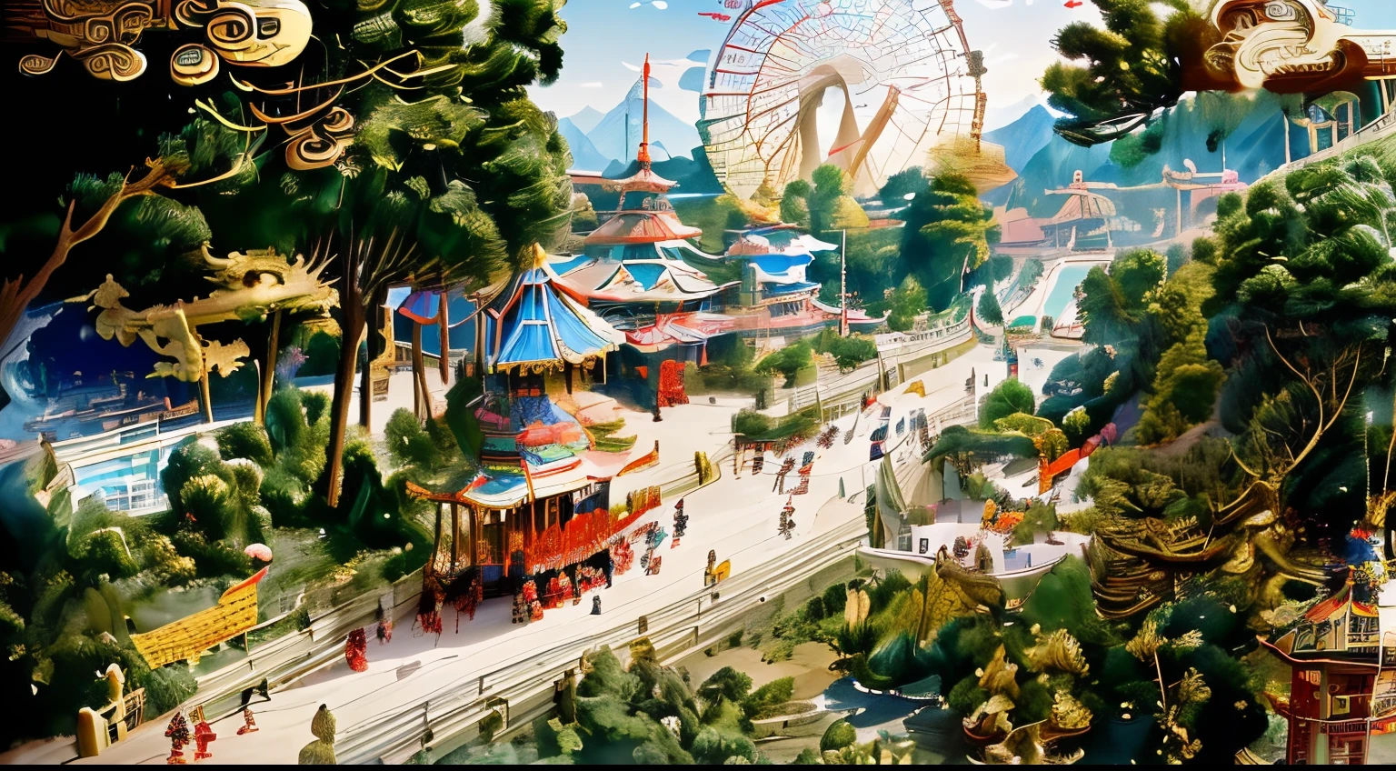 The theme is an amusement park scene with Chinese style elements, from an aerial perspective. The amusement facilities based on Chinese style elements include roller coasters, Ferris wheels, carousels, etc., with mountains and water, and a beautiful environment. The Chinese style amusement park is like a fairyland, and during the day