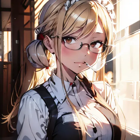 【Highest Quality, masutepiece】 [girl, Manteau, expressioness, brown eyes,glasses, sanpaku eyes,front facing,beauty blonde hair, ...