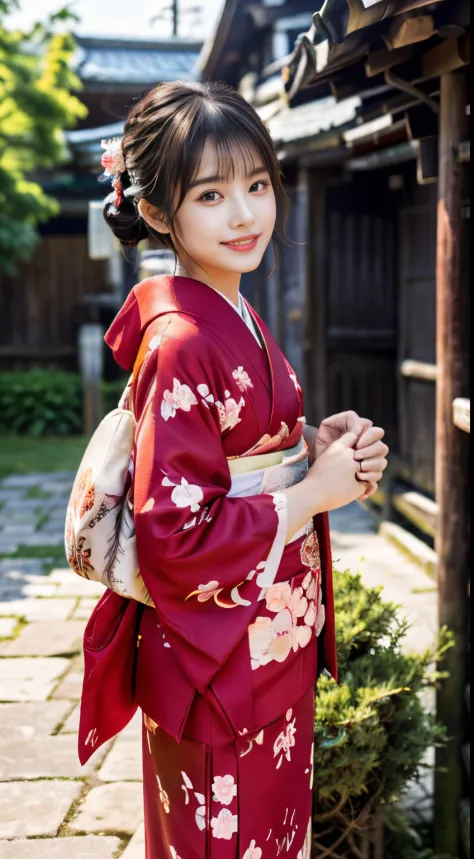 (red kimono:1.2)、(Kyo-Yuzen:1.2)、(Floral pattern in Japanese style:1.0)、(Furisode:1.5)、(Japanese traditional classic pattern:1.2...