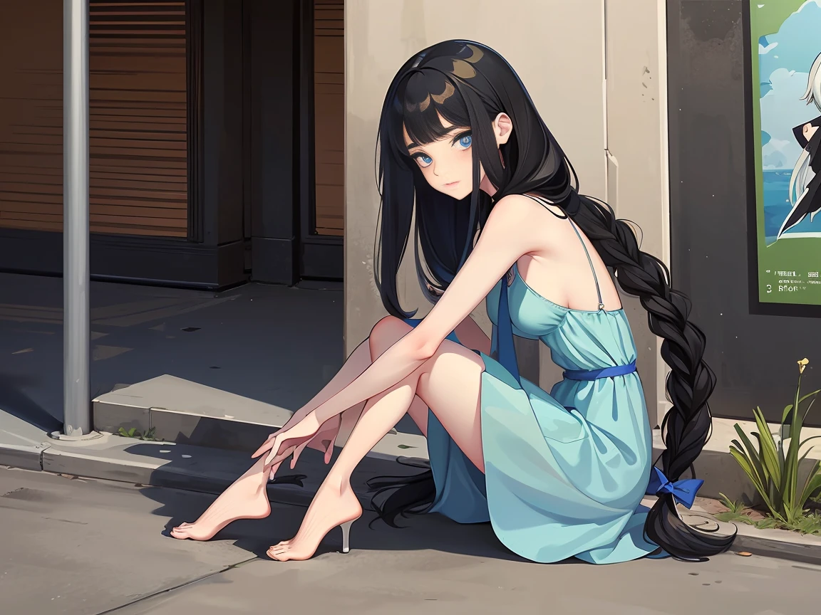girl with black hair，Slender stature，Tie-double twisted braids，Long hair，small face，emaciated，bare feet，blue high-heeled shoes，Face gloomy，emaciated，Bad milk，The breasts are very small，ah high，Adoly，pastel blue dress，Legs are very slender，Comics with four square grid，The best quality at its best，tmasterpiece