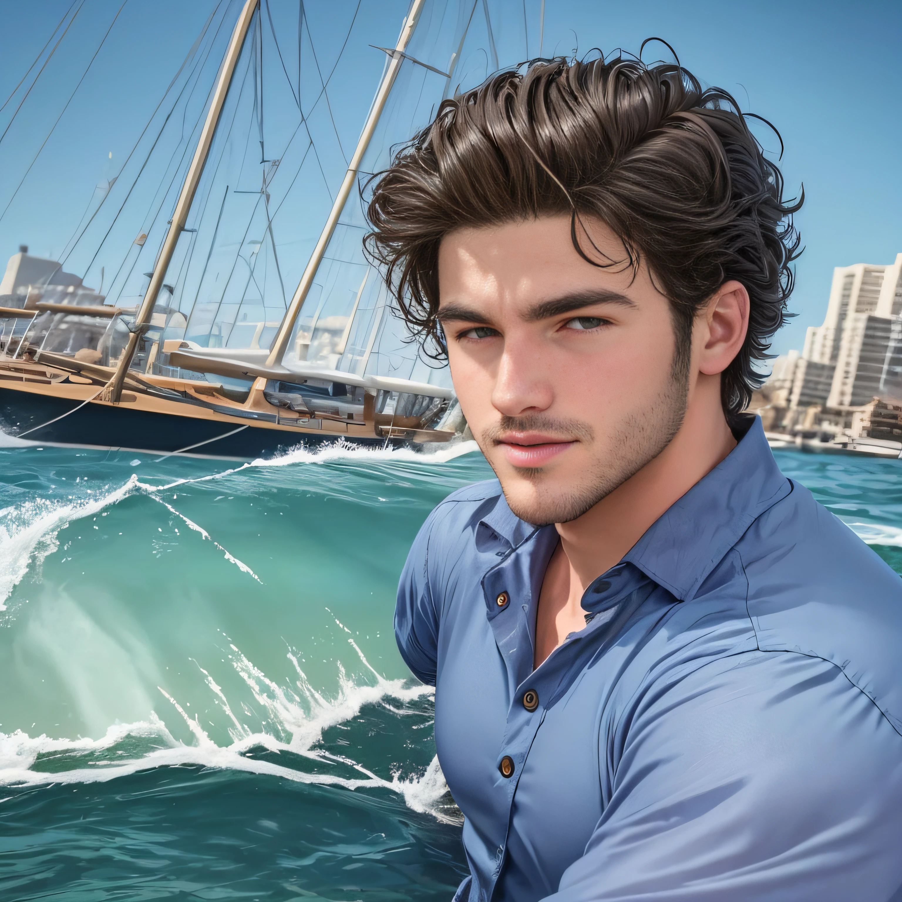 Hombre arafed sentado en un muelle, una foto de Niko Henrichon, Shutterstock, Bellas Artes, Un hombre sentado en un embarcadero, Hombre atractivo, 30 year old man on a sailboat, Hombre atractivo, usar una camisa de lino, Hombre sonriente, Joven con corto, Relajarse en un yate en el mar