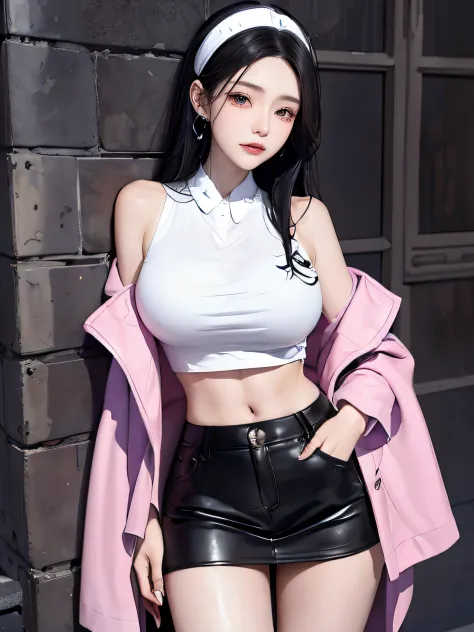 (tmasterpiece, Best quality, 1 busty girl, Alone, exquisite detailing, color difference), top-quality、8K、32K、masterpiece reality, ((Breathe in moderation)), Long white hair,One has white hair, red headgear, Pink highlight, Hair above one eye, ear nipple ri...