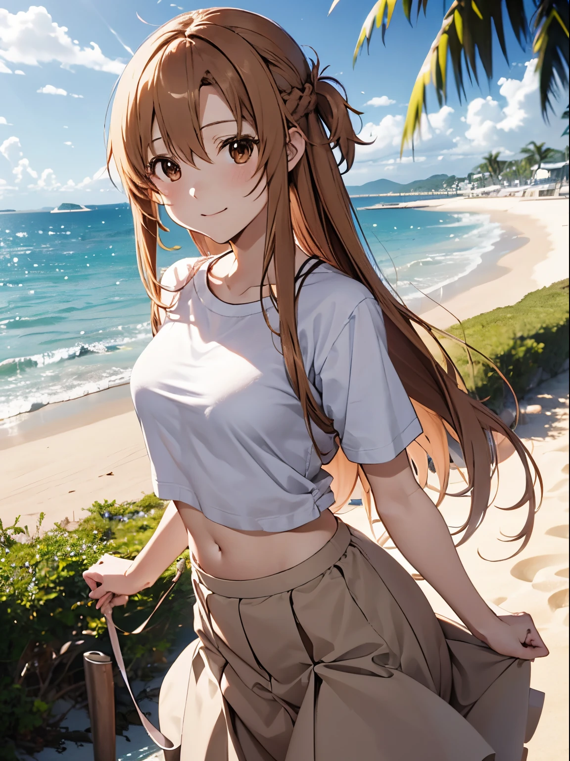 Anime girl with long brown hair standing on a beach - SeaArt AI