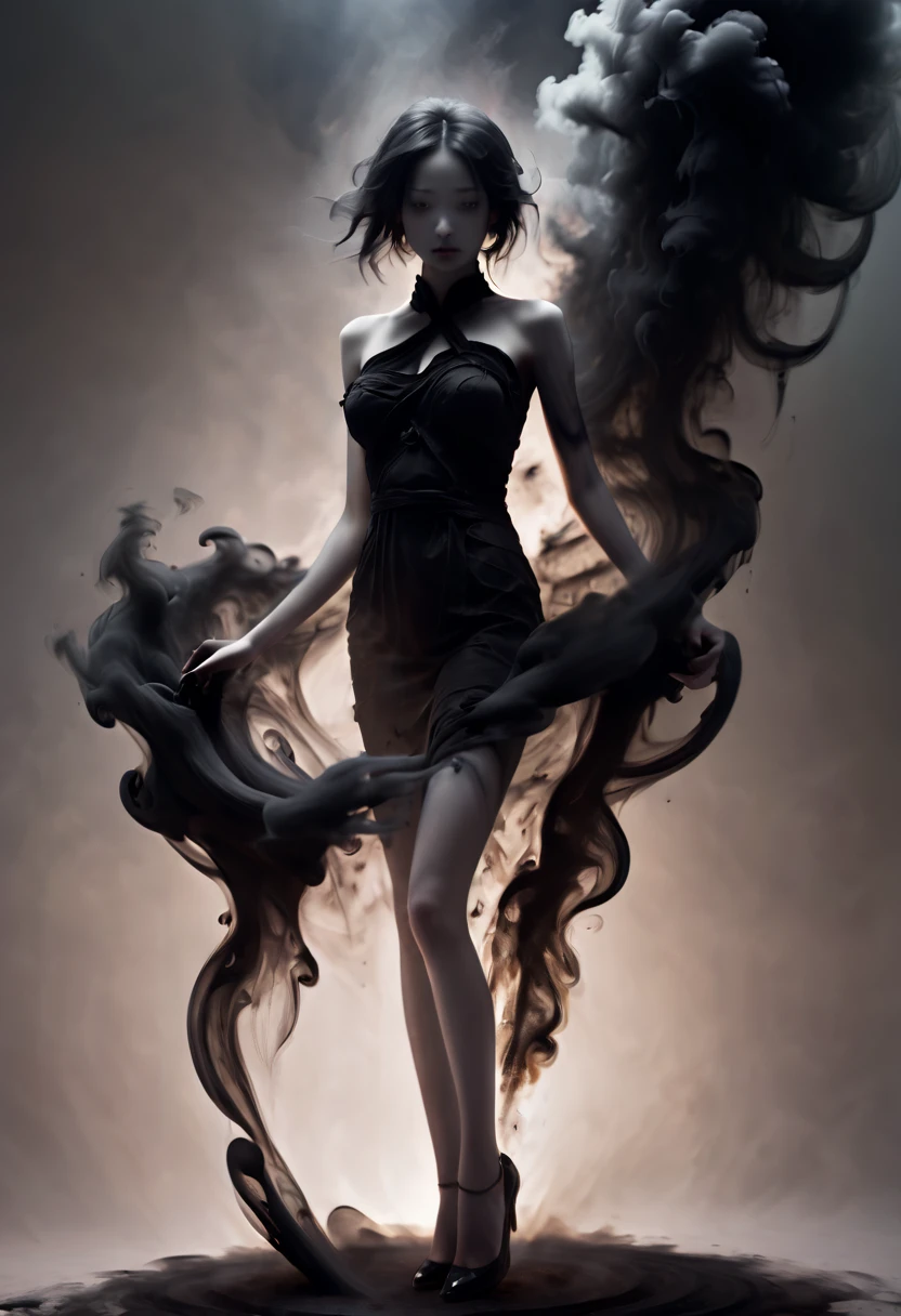 White Spirit_darkly，A girl made up of black smoke，1个Giant Breast Girl，